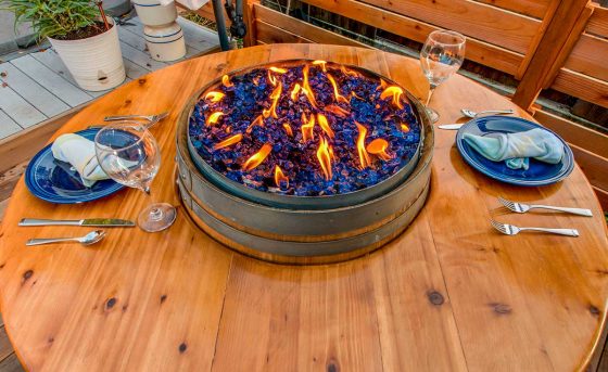 Wine Barrel Fire Pit Table with Crushed Fire Glass in Cobalt Blue