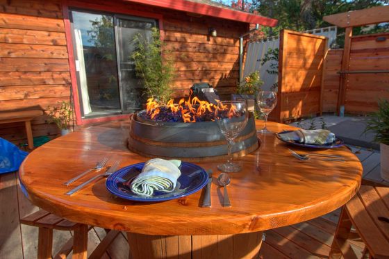 Wine Barrel Fire Pit with Cobalt Blue Crushed Fire Glass